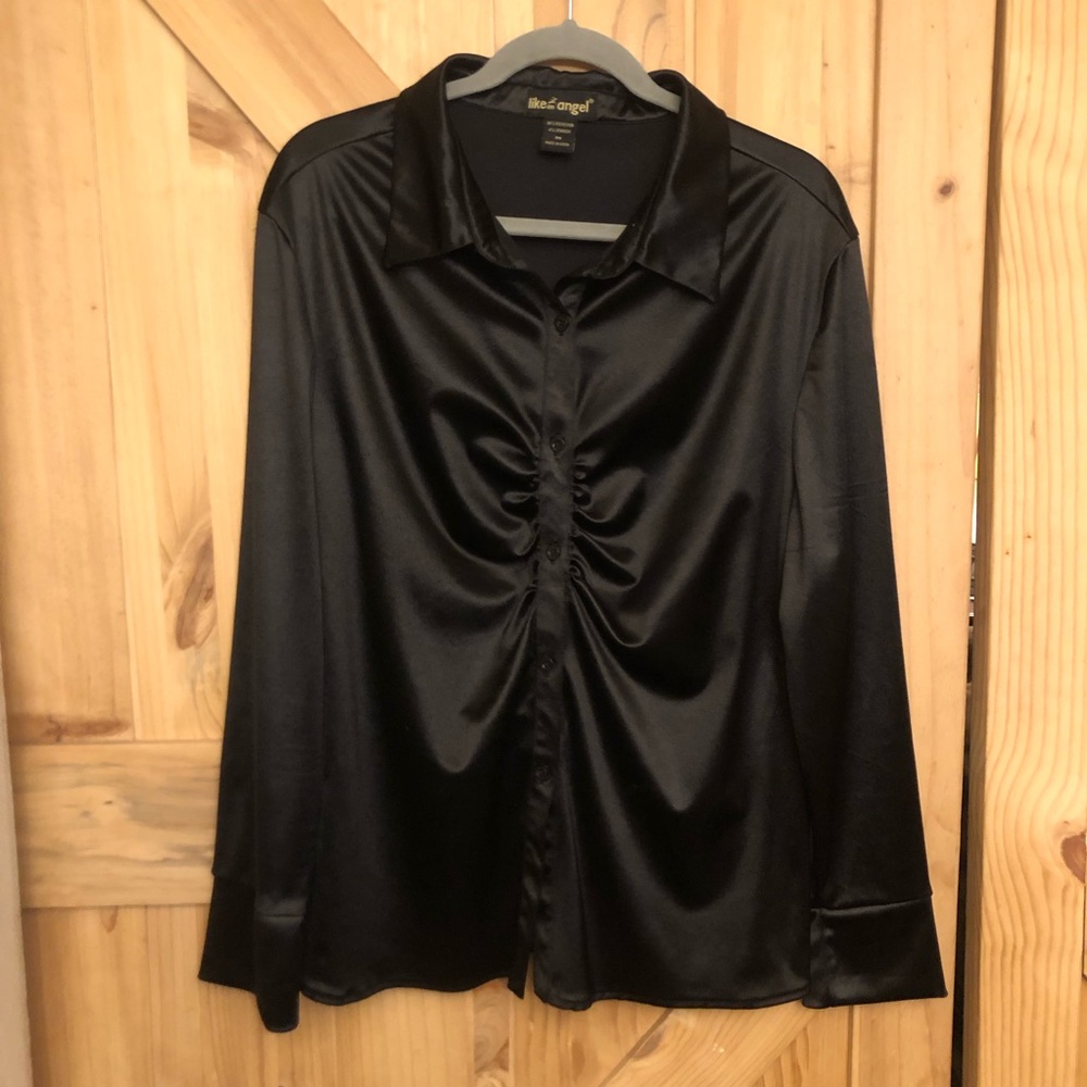 Like an Angel Black Satin Button-Down Shirt